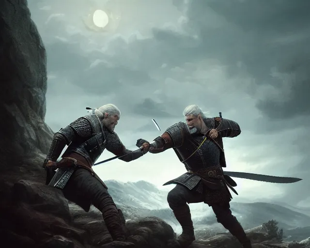 Image similar to 5 5 mm portrait photo of geralt fighting off a hydra. magical atmosphere. art by greg rutkowski. highly detailed 8 k. intricate. lifelike. soft light. nikon d 8 5 0.
