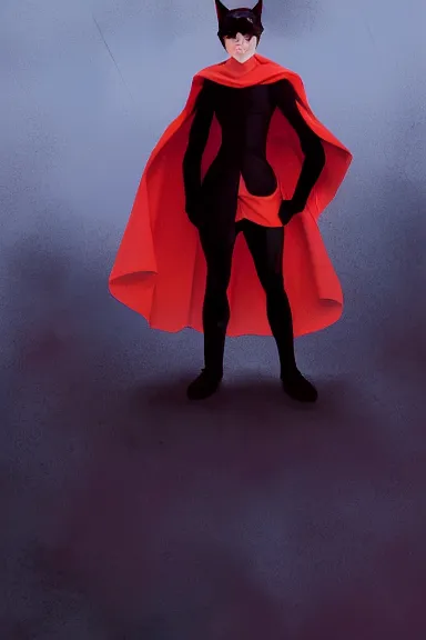 Image similar to little boy with cat ears in an black outfit with red cape. digital painting made by lois van baarle and kentaro miura and marc simonetti, sharpness focus, inspired by hirohiko araki, anatomically correct, heroic composition, hero pose, smooth