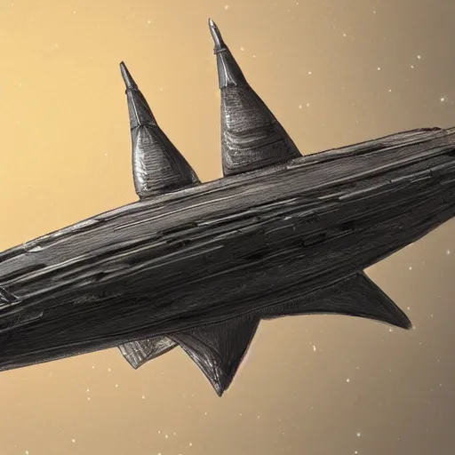 Image similar to concept art of a large space vessel in the shape of an spear by chriss foss