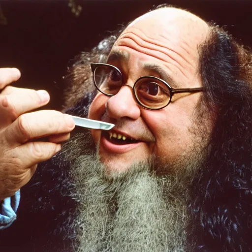 Image similar to Danny Devito as Hagrid, 35mm film