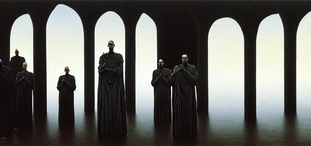 Image similar to dystopian surreal painting alien monks praying to a single eerie head statue surrounded by uneven buildings, artstyle by zdzisław beksinski and caravaggio