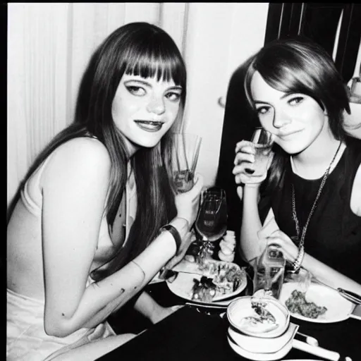 Image similar to b & w photo of emma stone and emma watson having dinner in the 1 9 7 0 s,