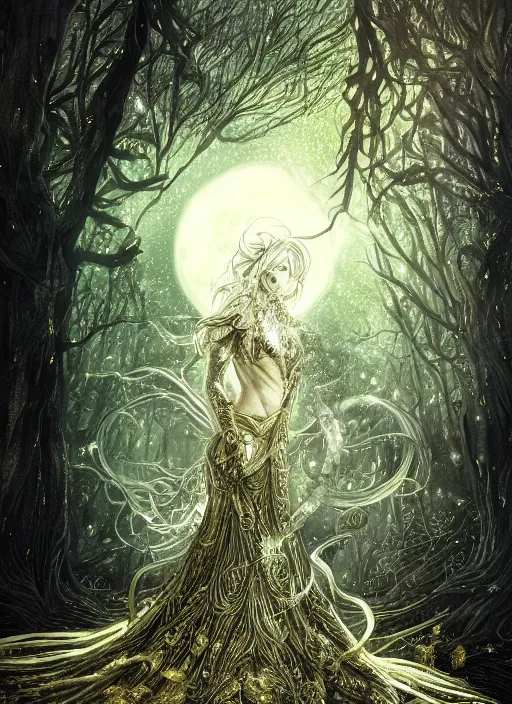 Image similar to glowing silver and golden elements, full close-up portrait, A beautiful dark witch in front of the full big moon, book cover, green forest, red white black colors, establishing shot, extremly high detail, foto realistic, cinematic lighting, pen and ink, intricate line drawings, by Yoshitaka Amano, Ruan Jia, Kentaro Miura, Artgerm, post processed, concept art, artstation, matte painting, style by eddie, raphael lacoste, alex ross