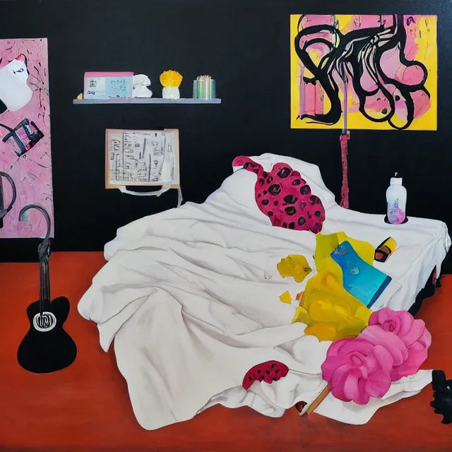 Image similar to a portrait in a female artist's zen bedroom, black walls, a tall girl sleeping, pancakes, sheet music, electric guitar, surgical supplies, ikebana, sensual, octopus, neo - expressionism, surrealism, acrylic and spray paint and oilstick on canvas