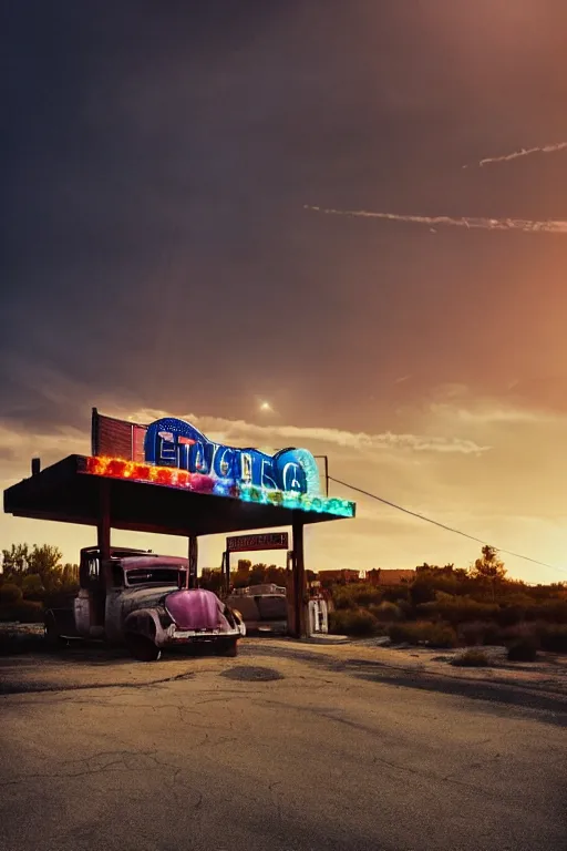 Image similar to a sunset light landscape with historical route 6 6, lots of sparkling details and sun ray ’ s, blinding backlight, smoke, volumetric lighting, colorful, octane, 3 5 mm, abandoned gas station, old rusty pickup - truck, beautiful epic colored reflections, very colorful heavenly, softlight