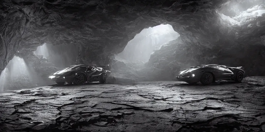 Image similar to the batmobile standing in a very dark and wet cave. highly detailed. intricate. mist. atmospheric. rim light. photorealistic. 8 k. monochrome. rays of light filling the cave. cinematic. matte painting. cinema 4 d. octane render. imagined by ash thorp. ambient occlusion. global illumination.