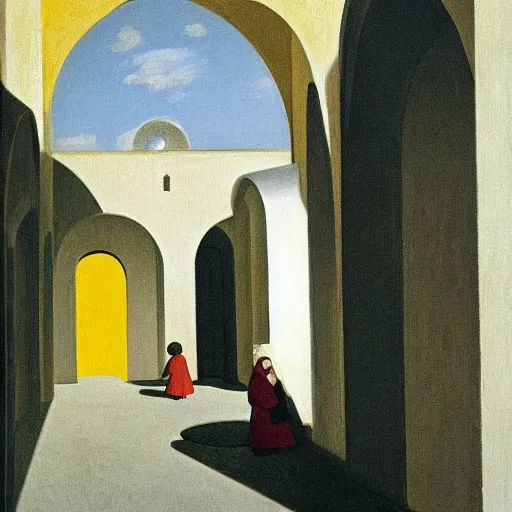 Image similar to in the distance, a little girl with short black hair and wearing a yellow coat alone in the inner courtyard of a cloister in an abbey, the light is bright and wintry, painting by hopper and de chirico