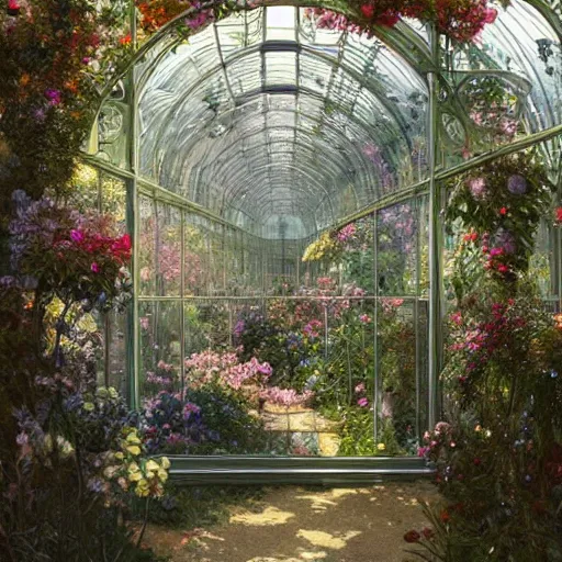Image similar to a beautifull intricate greenhouse with many flowers, reflexions, verry high details by william turner art, greg rutkowski and alphonse mucha, and moebius, trending on artstation, very very detailed, masterpiece, - h 7 0 4