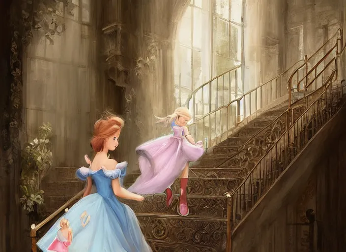 Prompt: a princess runing down a stair, cinderella, by wlop