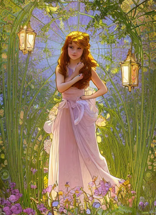 Image similar to well - lit art nouveau portrait of a 1 3 - year old girl wearing a sundress in a flower garden with lanterns at night, natural lighting, path traced, highly detailed, high quality, cartoon, digital painting, by don bluth and alphonse mucha and ross tran