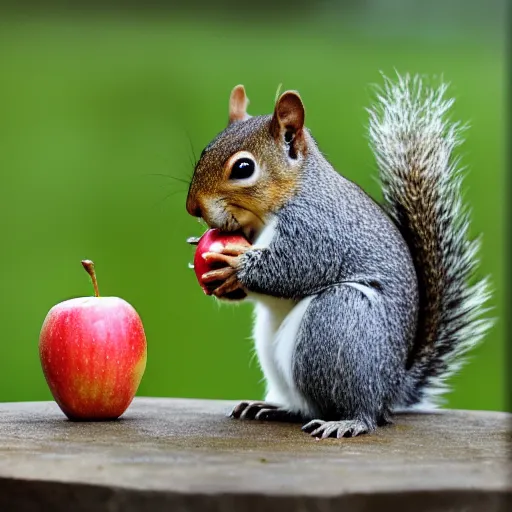Prompt: A squirrel gives an apple to a bird
