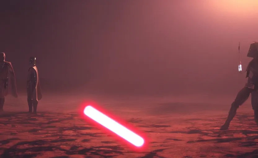 Image similar to iconic wide cinematic screenshot from the sith planet where lightsabers are made, from the thrilling scene from the 1 9 8 0 s lost jedi film, moody cinematography, foggy volumetric lighting, hyper detailed scene, anamorphic lenses 2 4 mm, lens flare, award winning