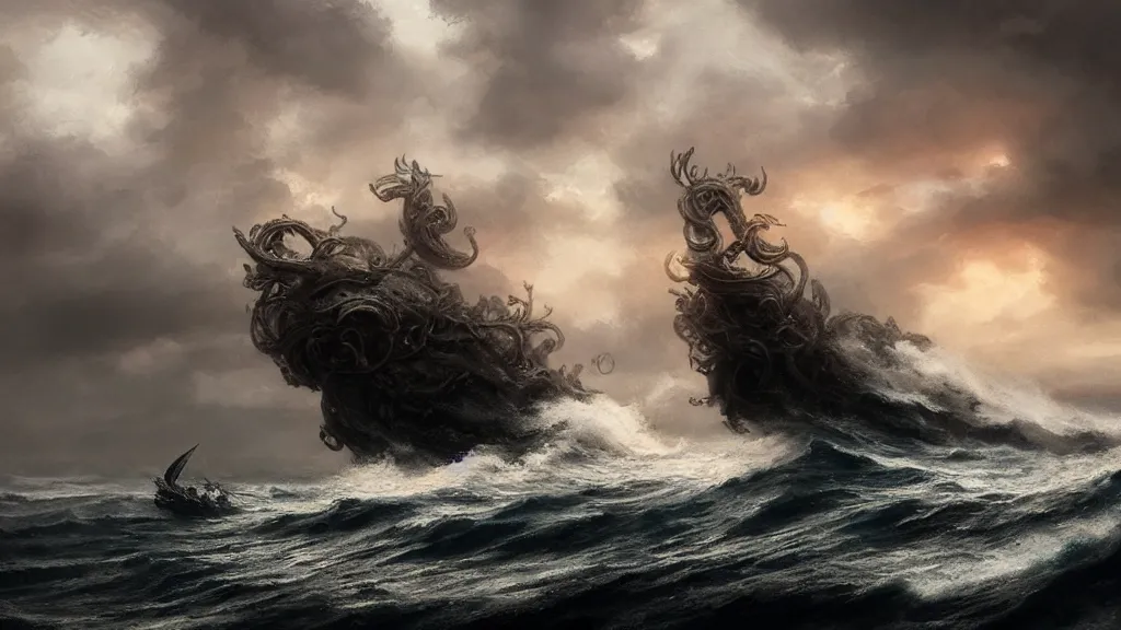 Image similar to kraken rising out a stormy ocean, near a small boat, stormy weather, handsome, profile, intricate, detailed, volumetric lighting, scenery, digital painting, highly detailed, artstation, sharp focus, illustration, concept art, ruan jia, steve mccurry