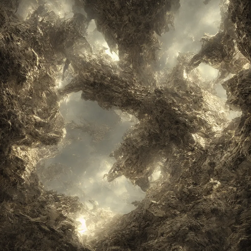 Image similar to concept art by craig mullins alien monster. mandelbulb fractal. reflection and dispersion materials. rays and dispersion of light. volumetric light. 5 0 mm, f / 3 2. noise film photo. flash photography. unreal engine 4, octane render. movie art