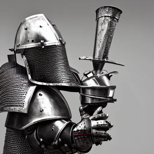 Image similar to one - armed medieval armored knight with a bucket on his head instead of a helmet, highly detailed photography