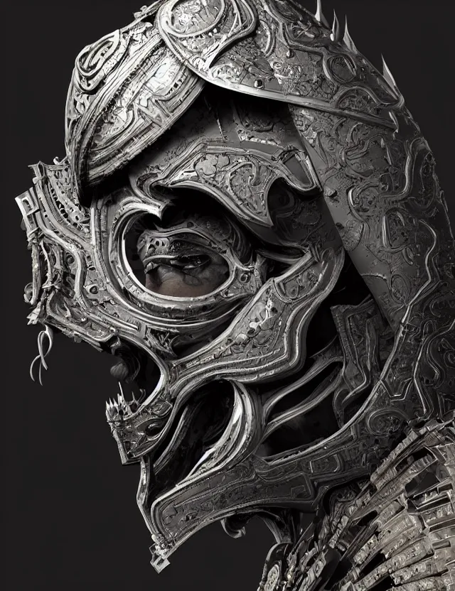 Image similar to 3 d goddess close - up profile portrait russian batman with ram skull. beautiful intricately detailed mask and weapon. artwork by giger and dali and beeple and greg rutkowski