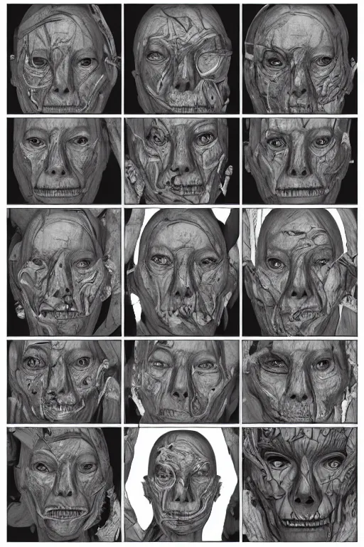 Prompt: french facial anatomy with gunmetal grey skin, medical anatomy, very symmetrical face, highly detailed, three - perspective / three - view reference sheet ( front / back / side ), in the style of dan ouellette, steven jung, amanda lilleston, hr giger, sil from species, dren from splice, mecha, artstation, unreal engine