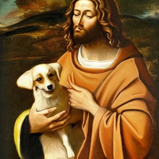 Prompt: a renaissance oil painting of jesus holding a corgi