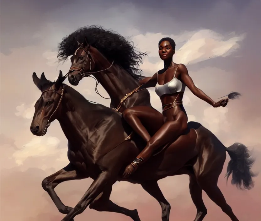 Image similar to full body portrait of beautiful black woman riding a thoroughbred, cinematic, highly detailed, digital painting, artstation, concept art, smooth, sharp focus, illustration, face by wlop, illustrated by mars ravelo and greg rutkowski