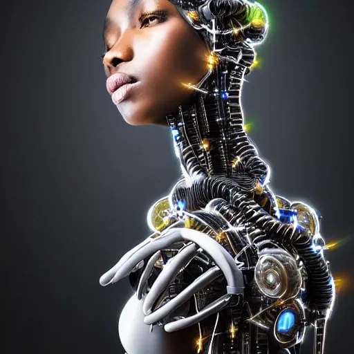 Prompt: beautiful centered fine art photo portrait of beautiful black girl with solarpunk mecha humanoid parts with led lights, sexy pudica pose gesture, white background, ultra - realistic and intricate, soft box lighting, shallow depth of field hdr 8 k