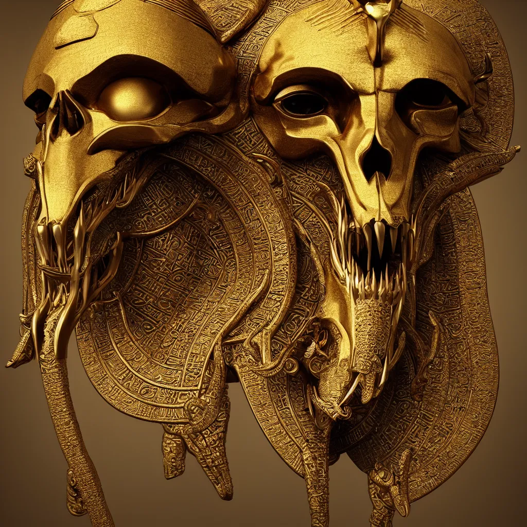 Image similar to Photorealistic epic egyptian god face portrait ram skull, jackal skull, gold. ominous, ancient magic, intricate artwork by Tooth Wu and beeple and Jake Baddeley. octane render, trending on artstation, greg rutkowski very coherent symmetrical artwork. cinematic, hyper realism, high detail, octane render, 8k