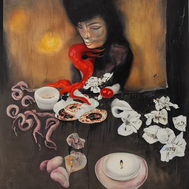 Prompt: a portrait in a female artist's apartment, organic, a woman holding a smouldering brain, cracked japanese pottery vase, sensual, smokey burnt envelopes, candles, white flowers, puddle of milk, octopus, squashed berries, pizza box, pancakes, black underwear, neo - expressionism, surrealism, acrylic and spray paint and oilstick on canvas