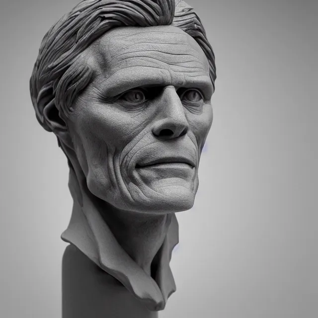 Image similar to photography of a bust of old Wiliam Dafoe made of clay by Sebastian Kruger and Michelangelo, 50mm, studio atmosphere, 8K, rim light, octane render, ultra-realistic
