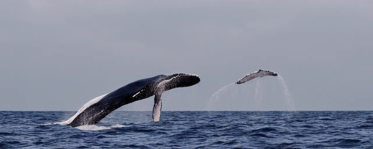 Prompt: a whale flying between the clouds