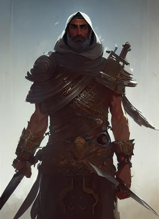 Image similar to epic arabic war commander with mechanical sword and shield highly detailed, digital painting, concept art, smooth, sharp focus, illustration, art by greg rutkowski