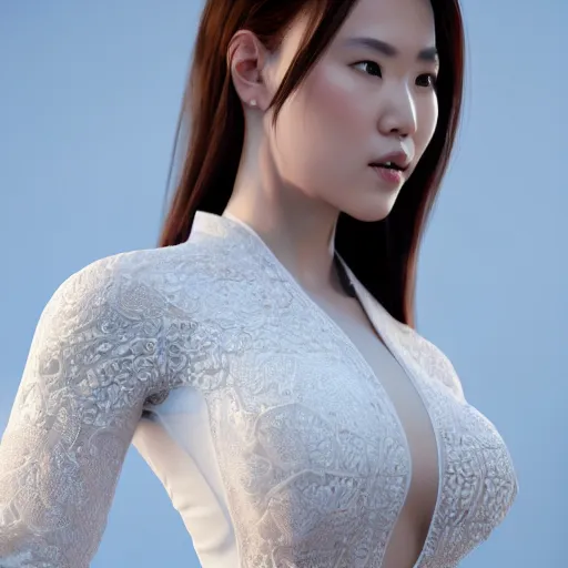 Prompt: muscular oiled woman wearing white ao dai, ultra realistic, concept art, intricate details, highly detailed, photorealistic, octane render, 8 k, unreal engine.