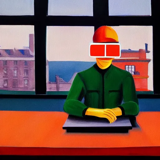 Image similar to A fine art painting of a man wearing Vr goggles dressed in orange overalls and creating the metaverse at a desk with screens, view from outside through a window on a British street. In the style of Edward Hopper and Wes Anderson