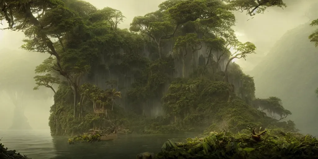 Image similar to epic matte painting of a misty jungle island on choppy seas, cinematic cinematography masterpiece, skull, greg rutkowski, and ivan aivazovski, roger deakins