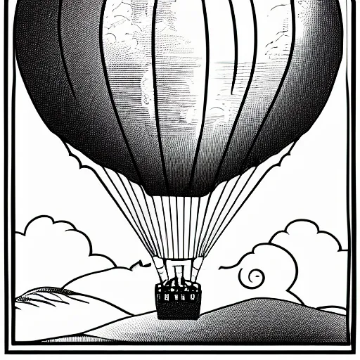 Prompt: portrait of a Victorian hot air balloon over a fantasy landscape, linear illustration, black and white, few details, simple drawing for kids coloring.
