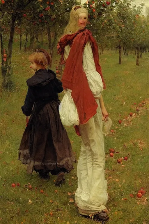 Prompt: Solomon Joseph Solomon and Richard Schmid and Jeremy Lipking victorian genre painting full length portrait painting of a young cottagecore walking in an apple orchard, red background