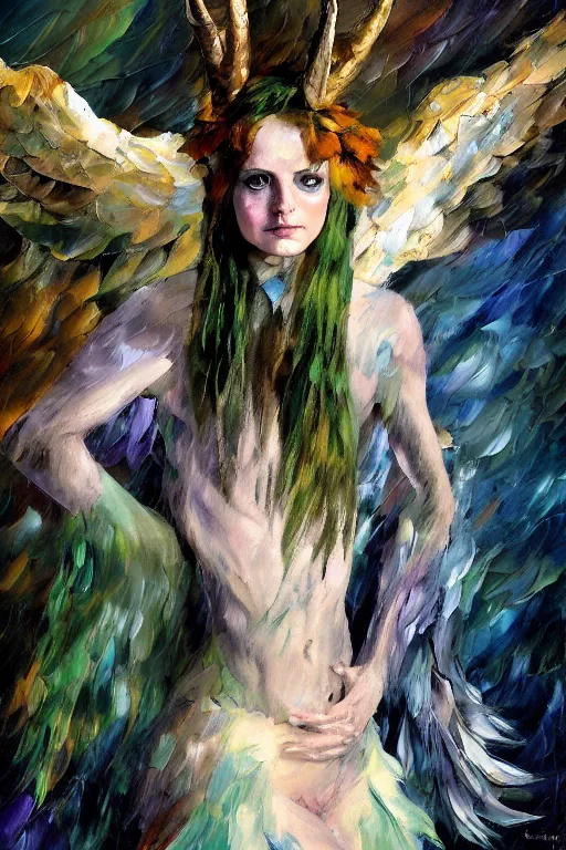 Prompt: palette knife oil painting portrait of a harpy angel girl, feathered long hair, talons, claws, horns, bones,, extreme detail, style by leonid afremov and degas, artstation trending, artgerm, deviant art, octane, substance, art history 8 k, green brown and grey earth tones palette
