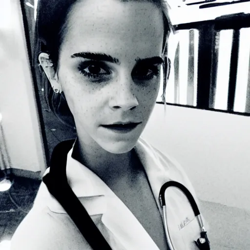 Image similar to photo, close up, emma watson in nurse scrubs, dim light, low light, fog, head and shoulders, android cameraphone, snapchat story screenshot, 2 6 mm,