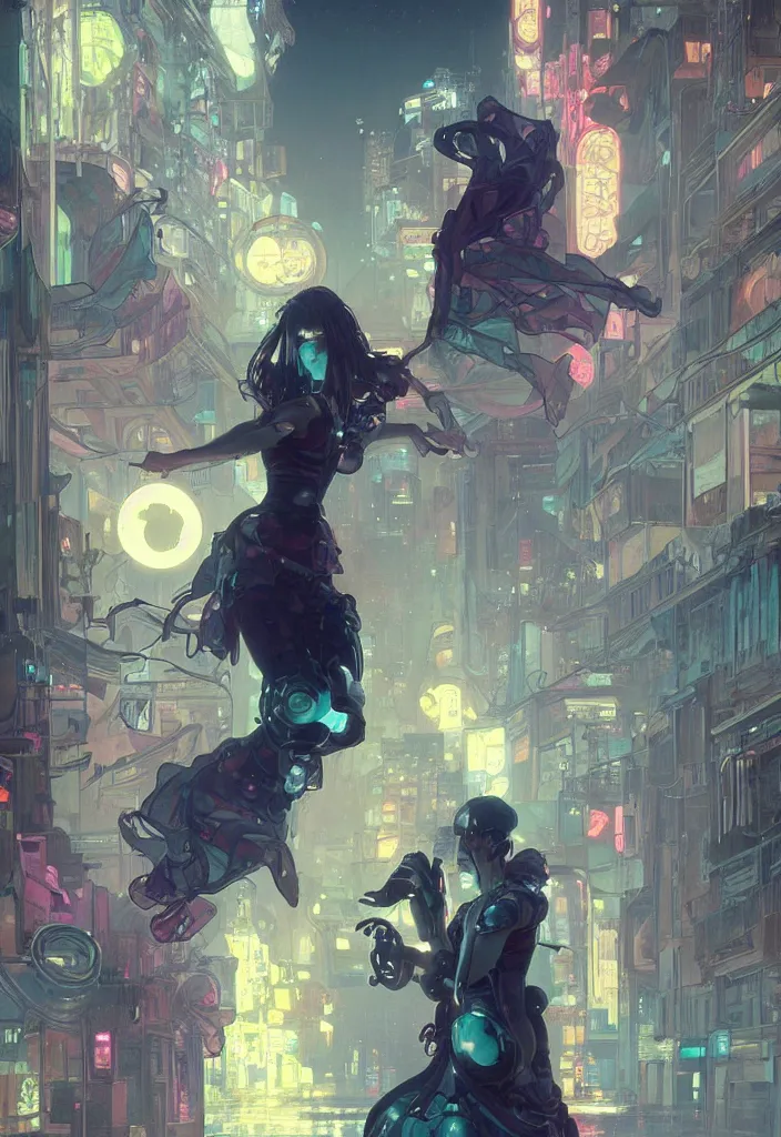 Image similar to an emotional concept painting of a cyberpunk android dancing in the moonlight, neon signs, empty city, large detailed moon, concept painting by Alphonse Mucha and Ross Tran and WLOP and Ruan Jia and Greg Rutkowski