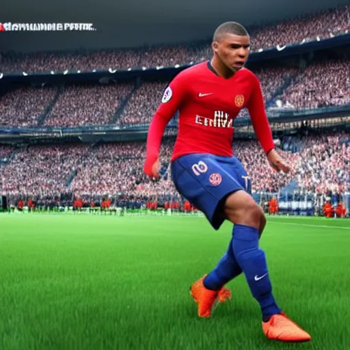 Prompt: kylian mbappe playing ea sports fifa at home