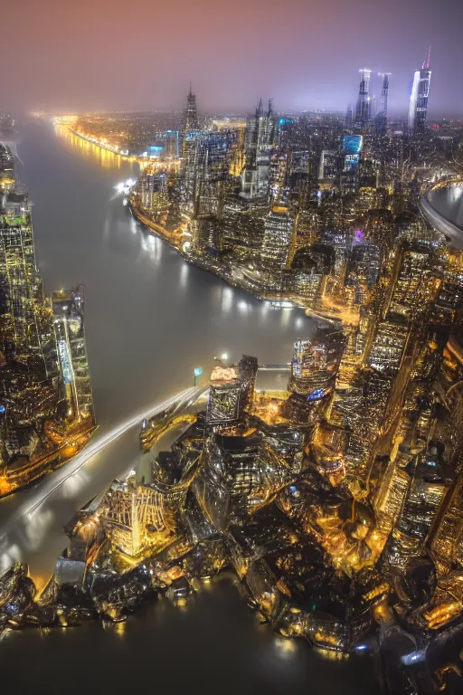 Prompt: photograph of a fantasy metropolis of tall towers at the top of a cliff looking over a river, long exposure, f/6.3, HD