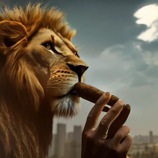 Image similar to a lion smoking a cigar, dramatic lighting, cinematic, establishing shot, extremely high detail, foto realistic, cinematic lighting, post processed, concept art, high details, cinematic, 8k resolution, beautiful detailed, photorealistic, digital painting, artstation, concept art, smooth, sharp focus, artstation trending, octane render, unreal engine