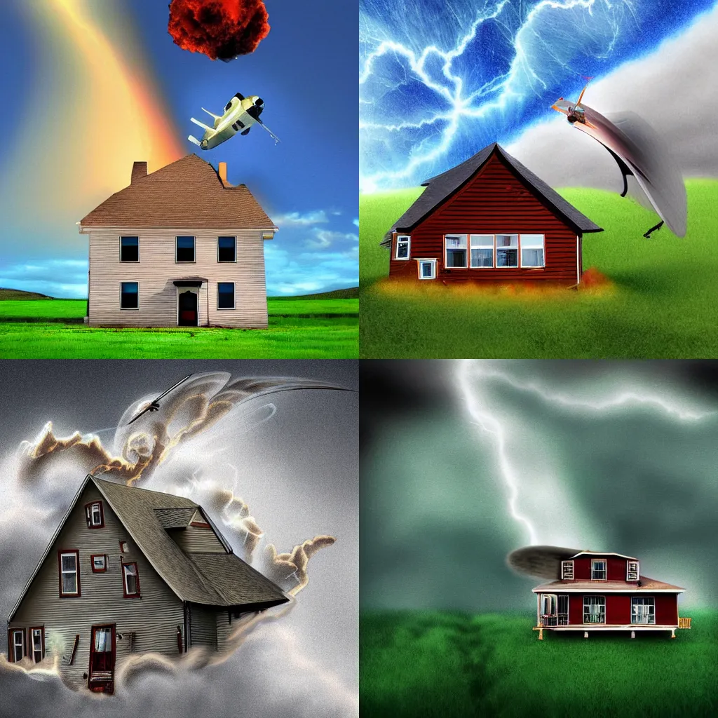 Prompt: a house flying in a tornado, digital art