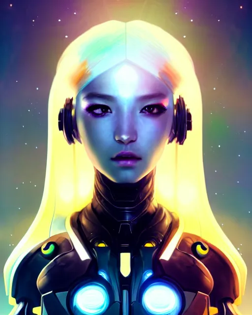 Prompt: perfect android girl family, full body character design, warframe armor, beautiful face, scifi, futuristic, galaxy, nebula, bae suzy, dreamy, long white hair!!!, yellow cyborg eyes, sharp focus, cinematic lighting, highly detailed, artstation, divine, by huifeng huang, smooth gradient.