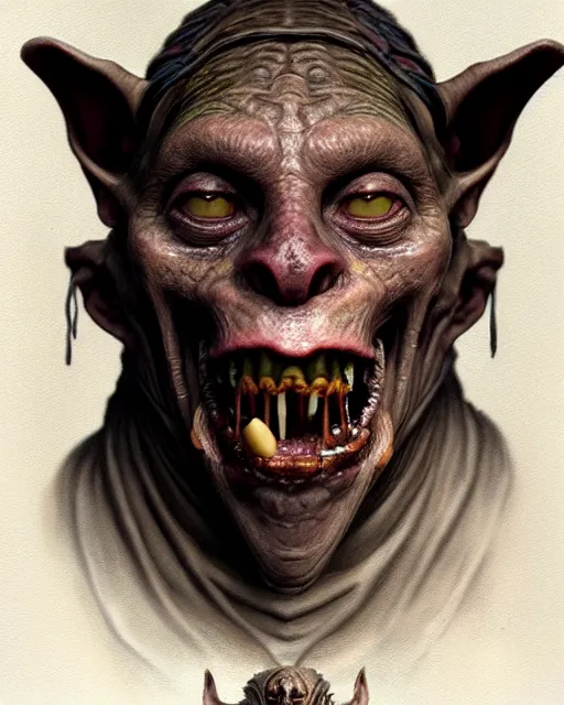 Image similar to closeup profile face portrait of a medieval goblin eating cakes in the cathedral, beautiful face, hyper realistic, highly detailed, digital painting, artstation, illustration, concept art by hyung tae, frank frazetta, bosch, giger, digital paint, matte paint, washed colors, dark, gloomy, detailed and intricate environment