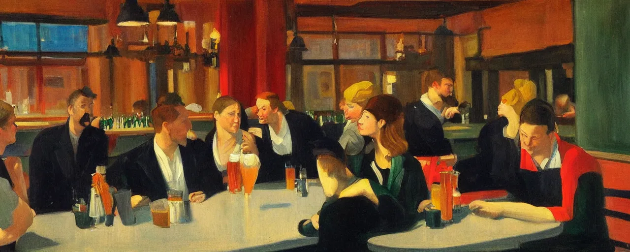 Image similar to a lively group of beer lovers drinking at a pub in the city next to a local park, picture in the style of edward hopper, clear faces