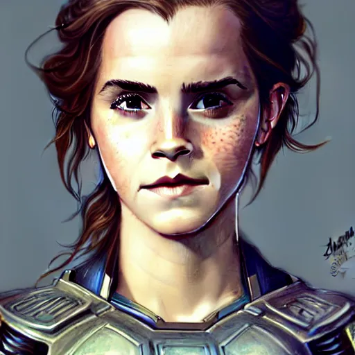 Image similar to beautiful Emma Watson in a Power Armor, western, closeup, D&D, fantasy, intricate, elegant, highly detailed, digital painting, artstation, concept art, matte, sharp focus, illustration, art by Artgerm and Greg Rutkowski and Alphonse Mucha