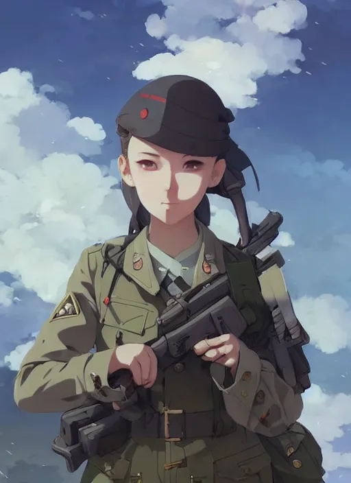 Prompt: portrait of cute soldier girl, cloudy sky background lush landscape illustration concept art anime key visual trending pixiv fanbox by wlop and greg rutkowski and makoto shinkai and studio ghibli and kyoto animation soldier clothing military gear realistic anatomy