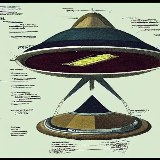 Image similar to vintage, detailed, colored sketch of ufo construction, all parts, with full descriptions, on parchment