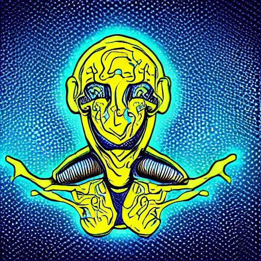 Image similar to human man that resembles a wasp morh in surreal sketch style, blue and yellow gradient, noise, ultrafine detail, hd 8k, logo illustration