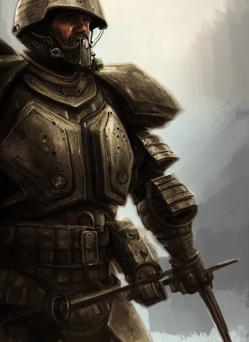 Image similar to portrait of epic armored war commander leaving war ground. highly detailed, digital painting, concept art, smooth, sharp focus, illustration