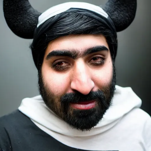 Image similar to Joedat Esfahani, AKA VoyBoy, dressed as Akali from League of Legends. Beautiful handsome bearded artbreeder detailed face.